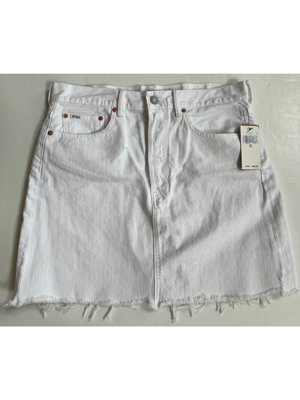 Polo Ralph Lauren White Distressed Hem Short Denim Skirt Women Size 30 NWT $168 - Picture 1 of 13